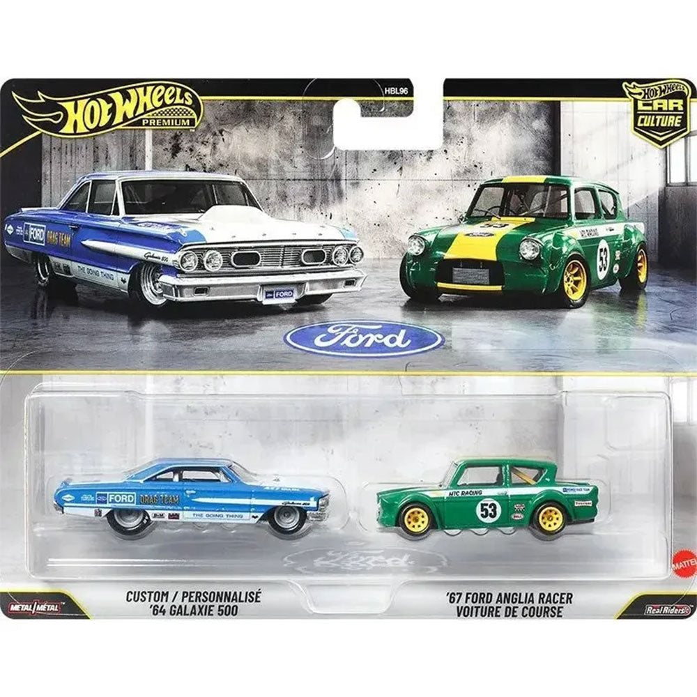 Hot Wheels Collector Cultura Automotriz Custom '64 Galaxie 500 & '67 Ford Anglia Racer: Paquete de 2 Autos Premium 1:64 Metal/Metal con Real Riders - Edad 3+
