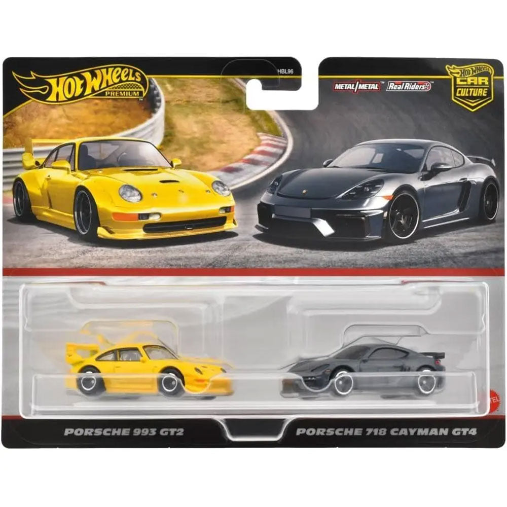 Hot Wheels Collector Cultura Automotriz Porsche 993 GT2 & Porsche 718 Cayman GT4, autos de juguete a escala 1:64