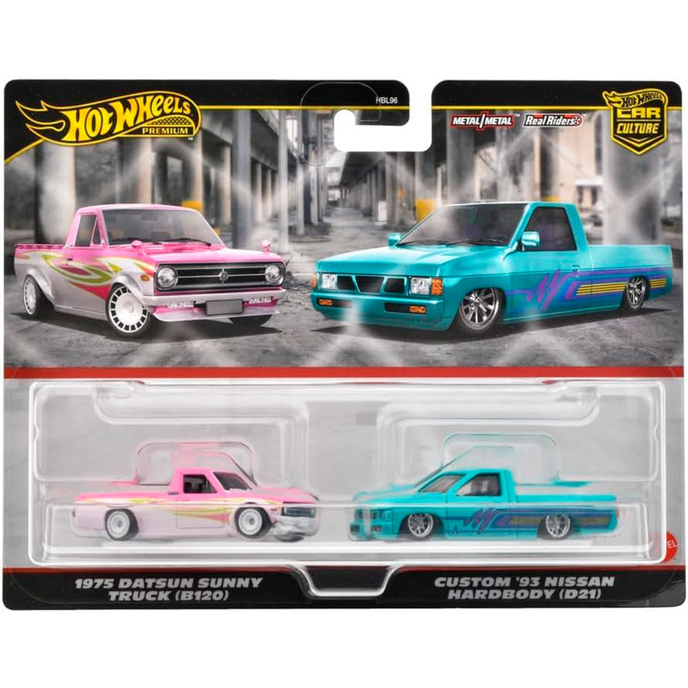 Hot Wheels Collector Cultura Automotriz 1975 Datsun Sunny Truck & Custom '93 Nissan Hardbody: Paquete de 2 Autos Premium 1:64 Metal/Metal con Real Riders - Edad 3+