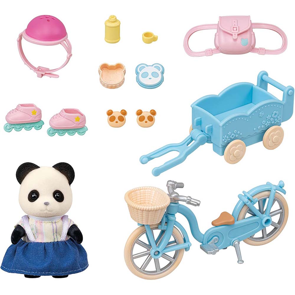 Sylvanian Families 5652 La Chica Panda, Su Bicicleta y su Tráiler, sets de juego