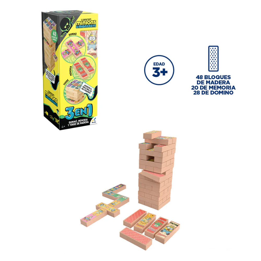 Juego de Mesa Minions and Monsters Torre de Madera 3 en 1 JCA-5093, juegos de mesa