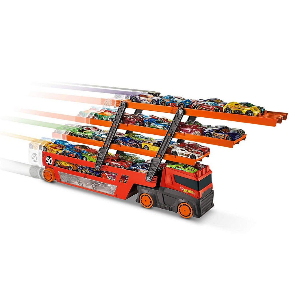 Hot Wheels Megarremolque GHR48: Pista y set de vehículos - Edad 3+