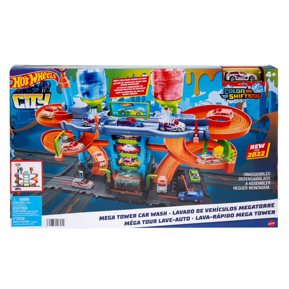 Hot Wheels City Autolavado Mega Torre HDP05: Pista y set de vehículos - Edad 4+