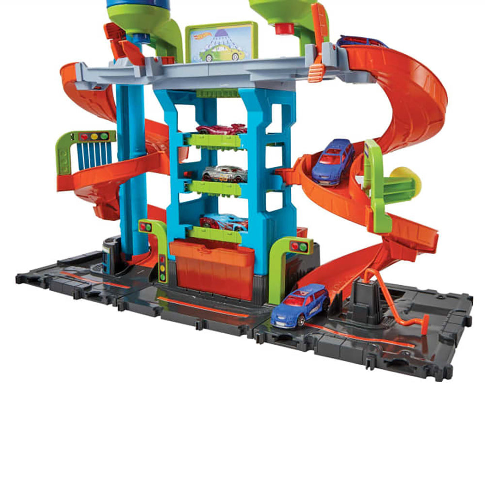 Hot Wheels City Autolavado Mega Torre HDP05: Pista y set de vehículos - Edad 4+